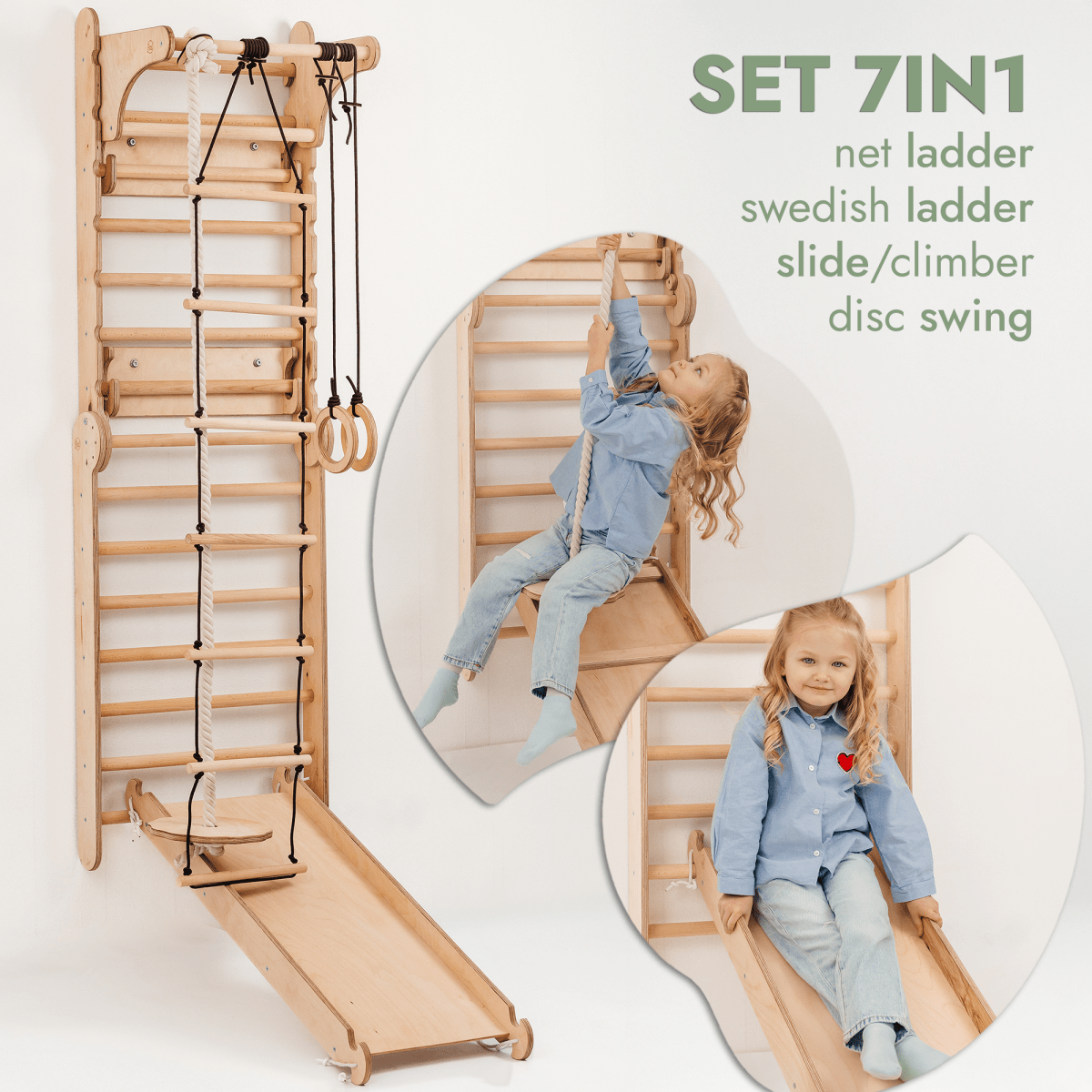5 en 1 : Mur suédois en bois / Échelle d'escalade pour enfants + Balançoire + Planche toboggan + Complément artistique