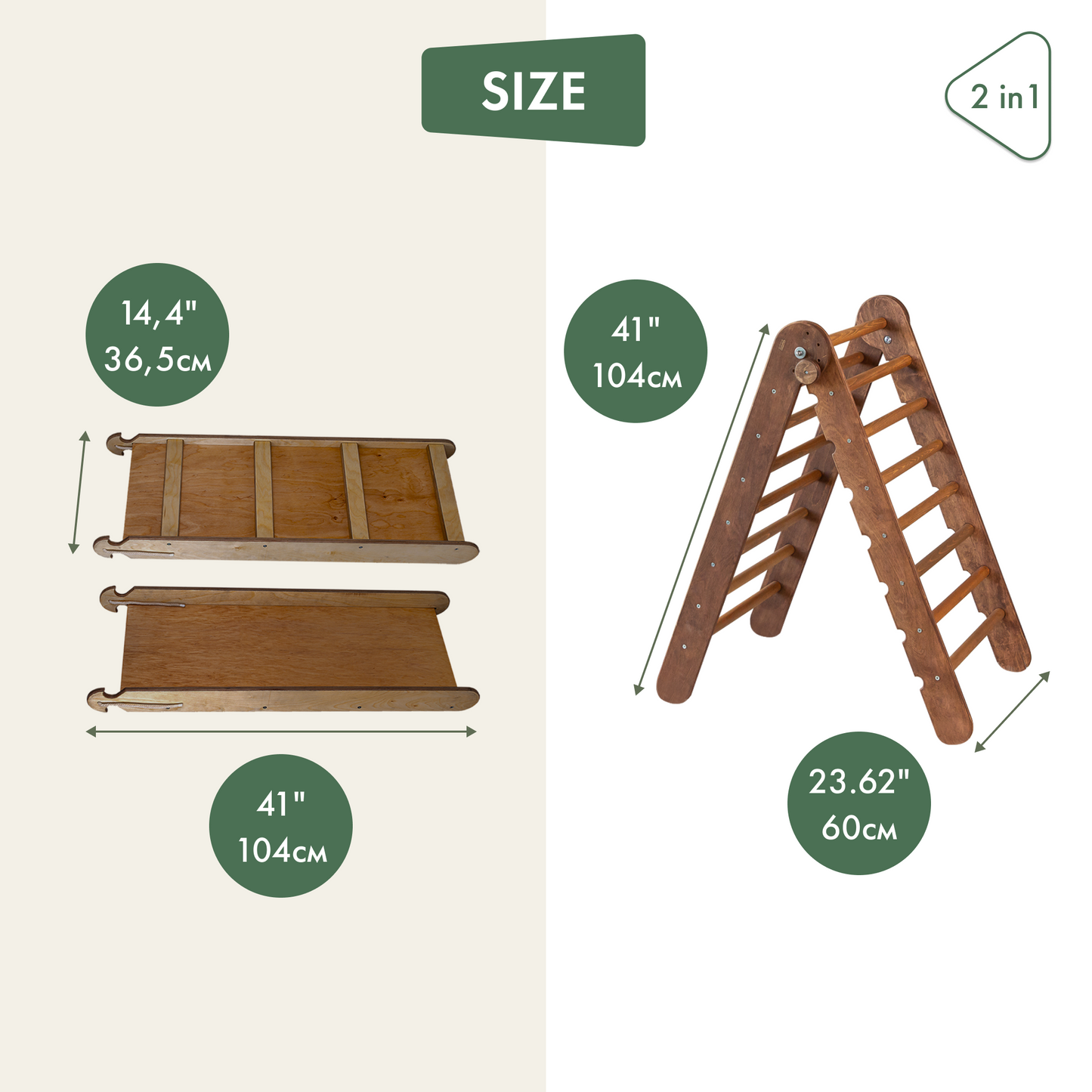 2in1 Montessori Climbing Frame Set: Triangle Ladder + Slide Board/Ramp – Chocolate/Beige