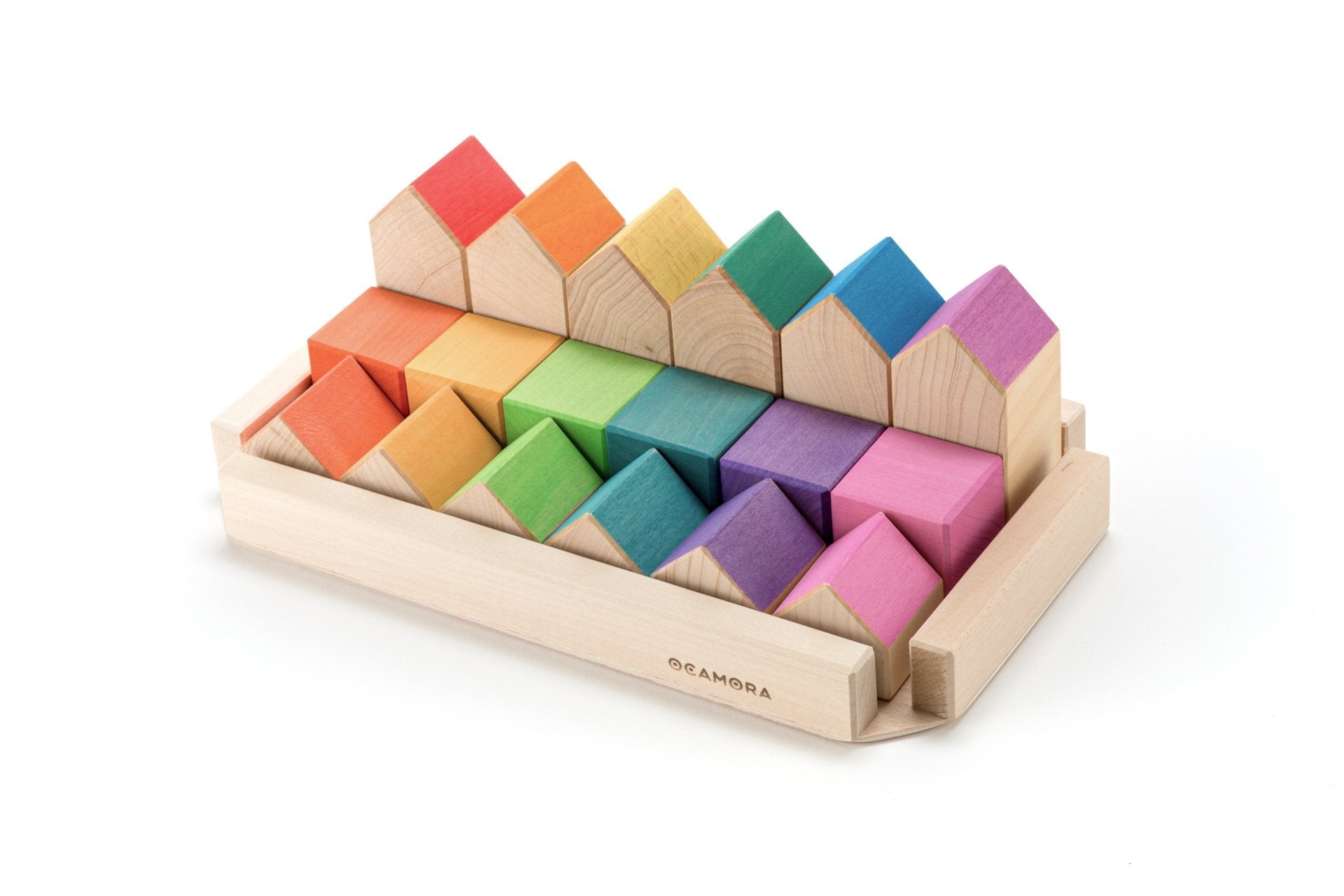 Ocamora Little Houses and Cubes - Natural and Coloured (18 Pieces) - Wood Wood Toys Canada's Favourite Montessori Toy Store