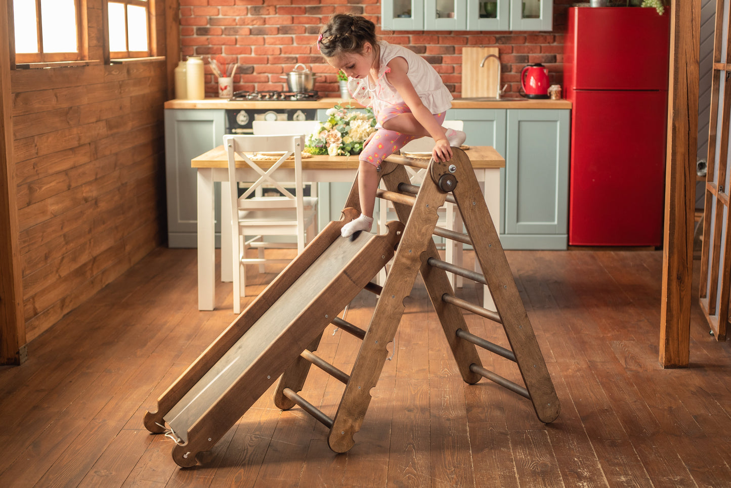 2in1 Montessori Climbing Frame Set: Triangle Ladder + Slide Board/Ramp – Chocolate/Beige